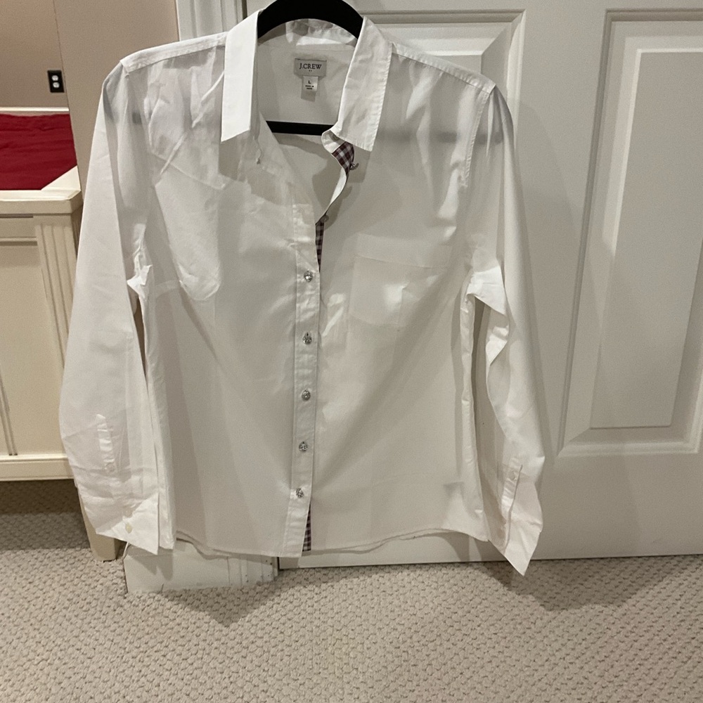 J.Crew White Button-Down Shirt – Plaid Trim + Rhinestone Buttons – Size Large